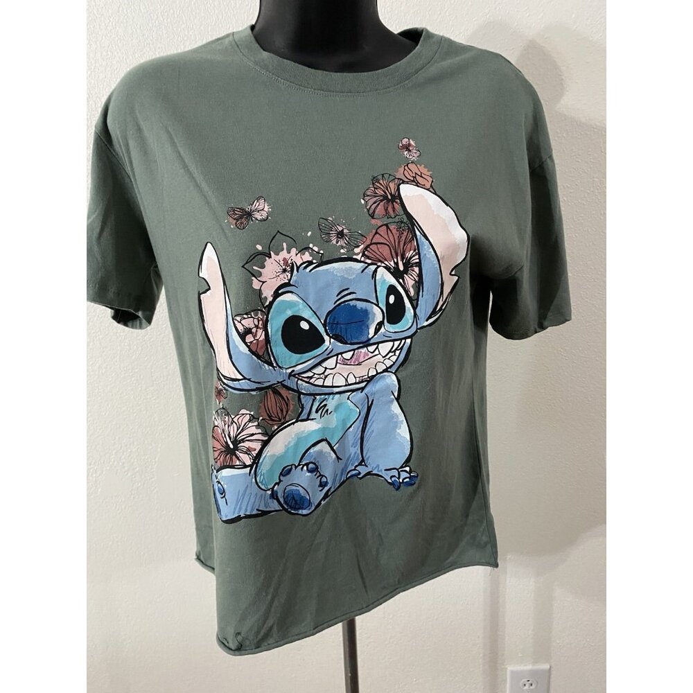 Disney Stitch JrWomens Size Small Short Sleeve T-Shirt Light Green Cut Off Waist